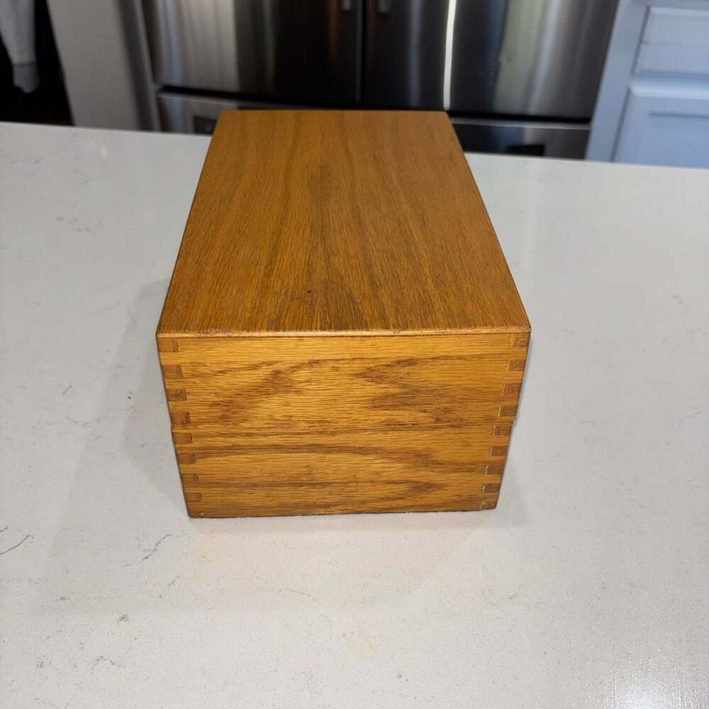 Vintage Solid Oak Wood Recipe Index Card Box with Recipe Cards 9.5”